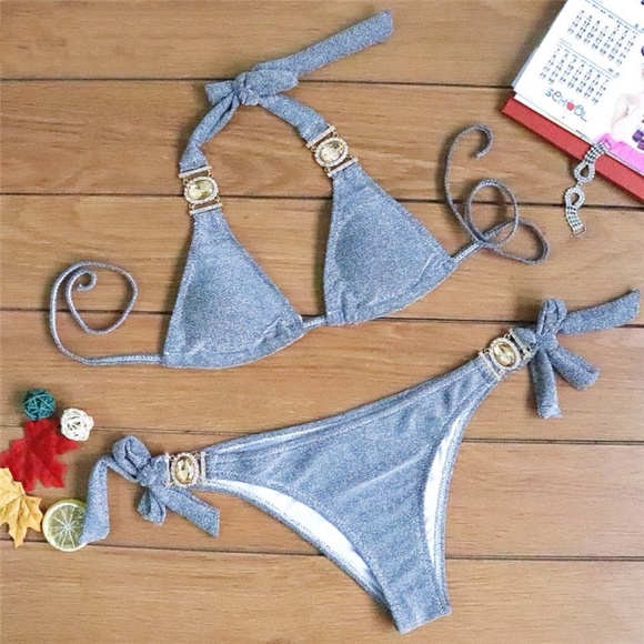 Jewelled 2 Piece Glitter Lurex Bikini Swimsuit - Picture 6 of 11